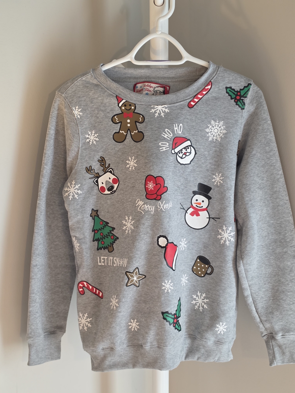 Crew Neck Gray Holiday Sweatshirt with Festive Icons